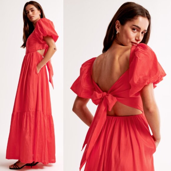 Abercrombie & Fitch Emerson Drama Bow-Back Maxi Dress NWT in Bright Red SP - Picture 13 of 13